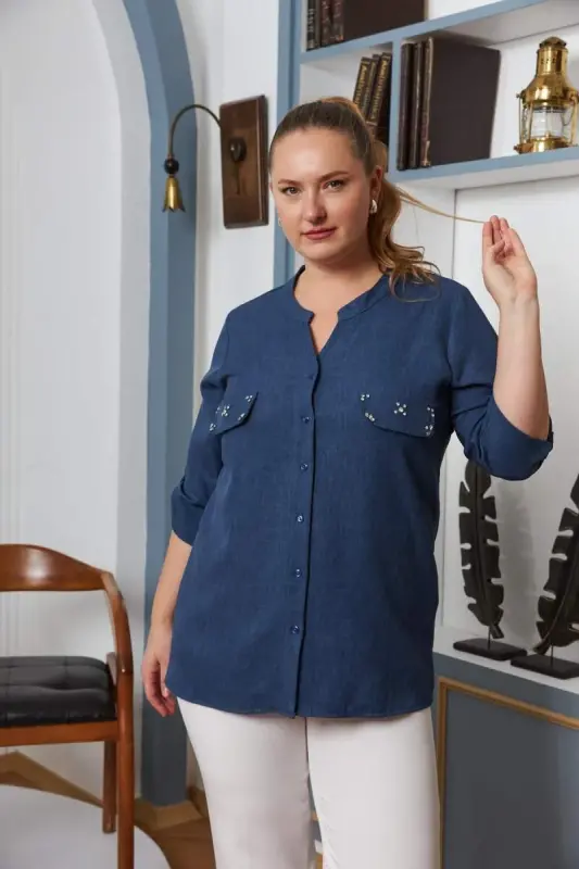 Cep Kapak Taş Detaylı Büyük Beden Gömlek İndigo - 2