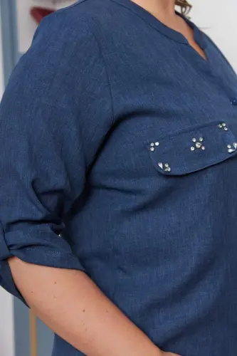 Cep Kapak Taş Detaylı Büyük Beden Gömlek İndigo - 3