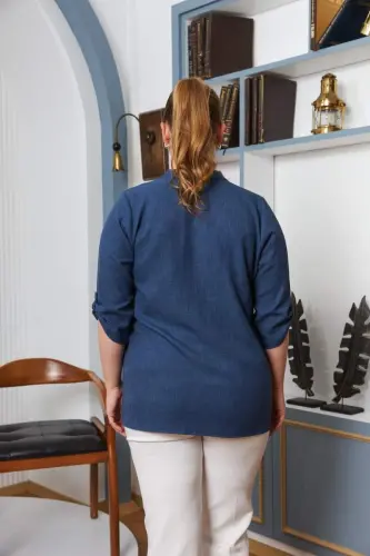 Cep Kapak Taş Detaylı Büyük Beden Gömlek İndigo - 4