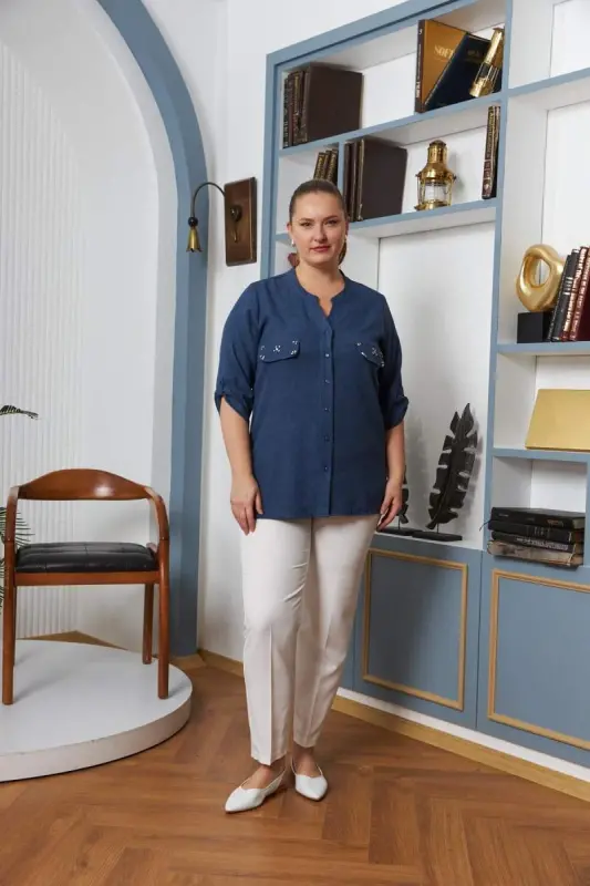 Cep Kapak Taş Detaylı Büyük Beden Gömlek İndigo - 5