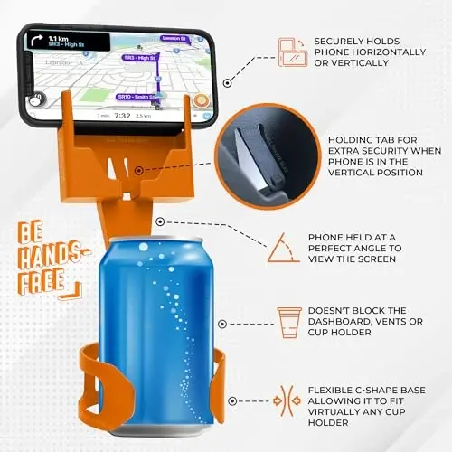 CELL PHONE SEAT - Cup Holder Phone Holder Mount for Car - Universal Adjustable Expander Cradle Hands-Free Driving - Compatible with All Smartphones iPhone Samsung Google Android Orange - 4