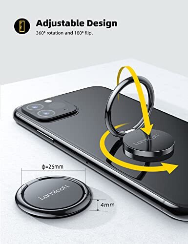Lamicall Cell Phone Ring Holder Stand - Phone Finger Gip Kickstand, 360° Rotation Polished Metal Grip for Magnetic Car Mount, Fit for iPhone 17/16/15/14 Pro Max Air, Android Smartphone Accessories - 5