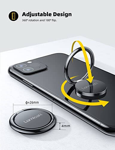Lamicall Cell Phone Ring Holder Stand - Phone Finger Gip Kickstand, 360° Rotation Polished Metal Grip for Magnetic Car Mount, Fit for iPhone 17/16/15/14 Pro Max Air, Android Smartphone Accessories - 5
