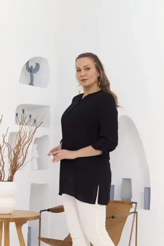 Cep Ve Kol Detaylı Vual Viskon Yırtmaçlı Büyük Beden Siyah Tunik - 2