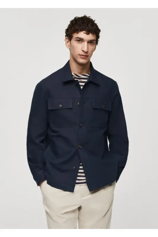 Cepli Pamuklu Keten Gömlek Ceket-Lacivert - MANGO MAN