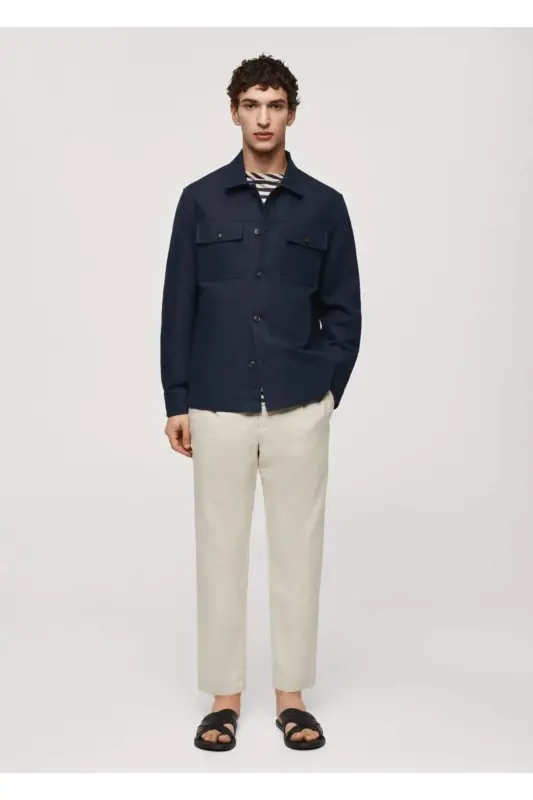 Cepli Pamuklu Keten Gömlek Ceket-Lacivert - 2