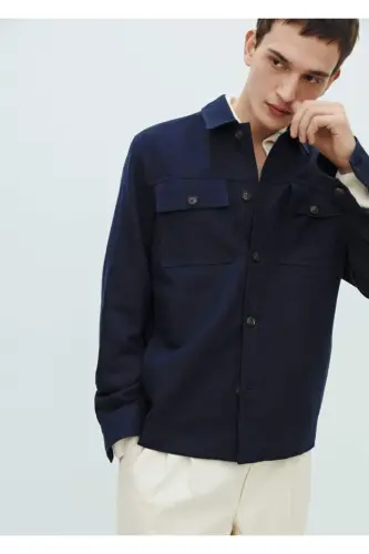 Cepli Pamuklu Keten Gömlek Ceket-Lacivert - 6