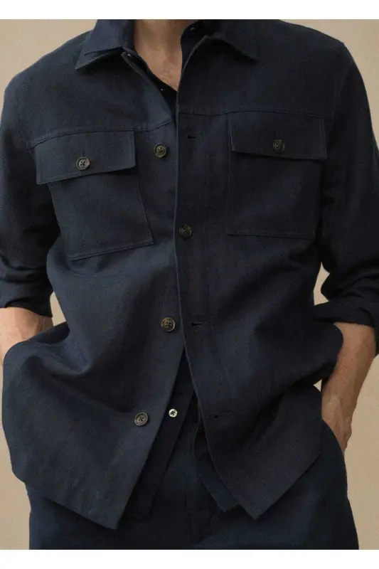 Cepli Pamuklu Keten Gömlek Ceket-Lacivert - 7