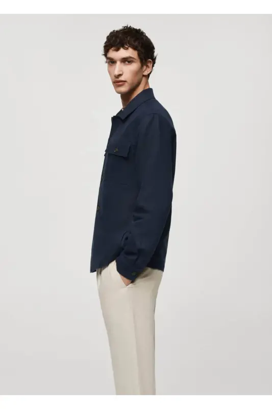 Cepli Pamuklu Keten Gömlek Ceket-Lacivert - 8