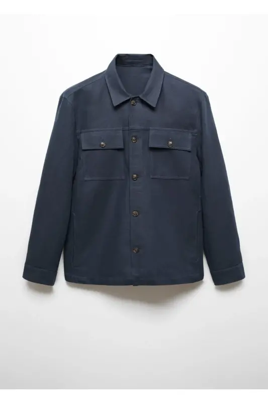 Cepli Pamuklu Keten Gömlek Ceket-Lacivert - 3