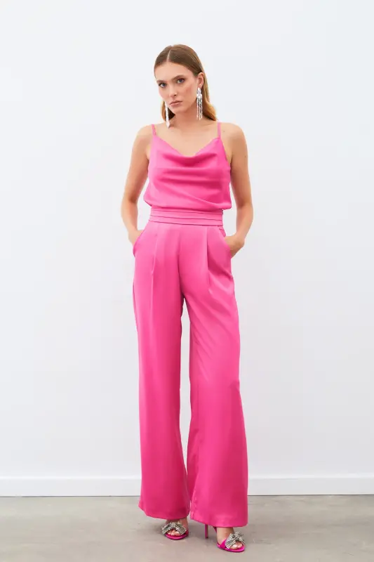 Cepli Salaş Saten Pantolon - Fuşya-FUŞYA - 3