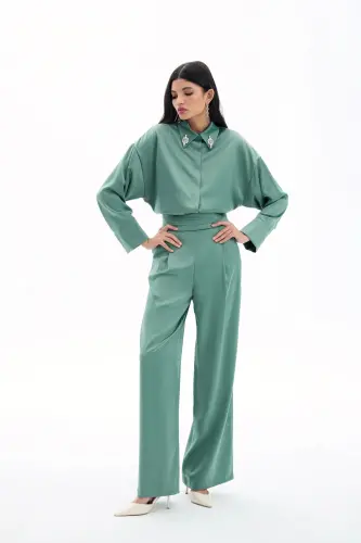 Cepli Salaş Saten Pantolon - Haki-HAKİ - 3