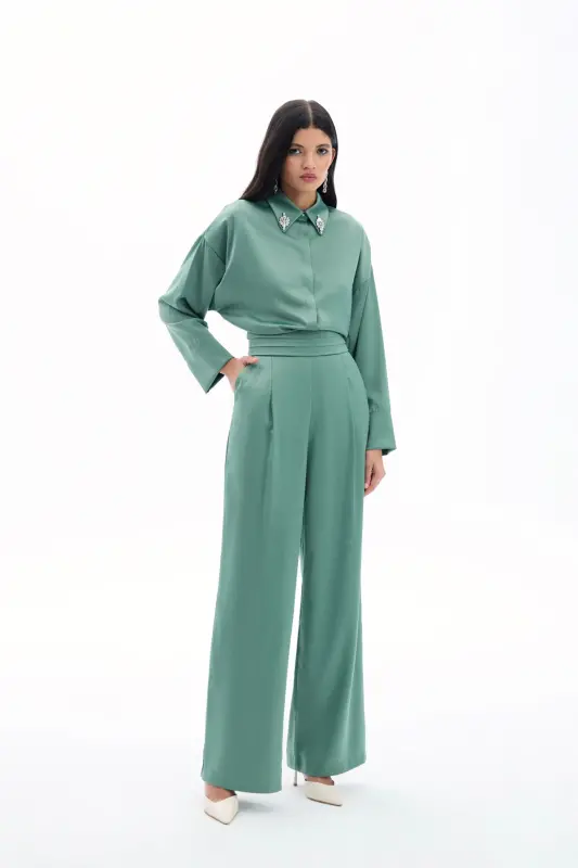 Cepli Salaş Saten Pantolon - Haki-HAKİ - 1