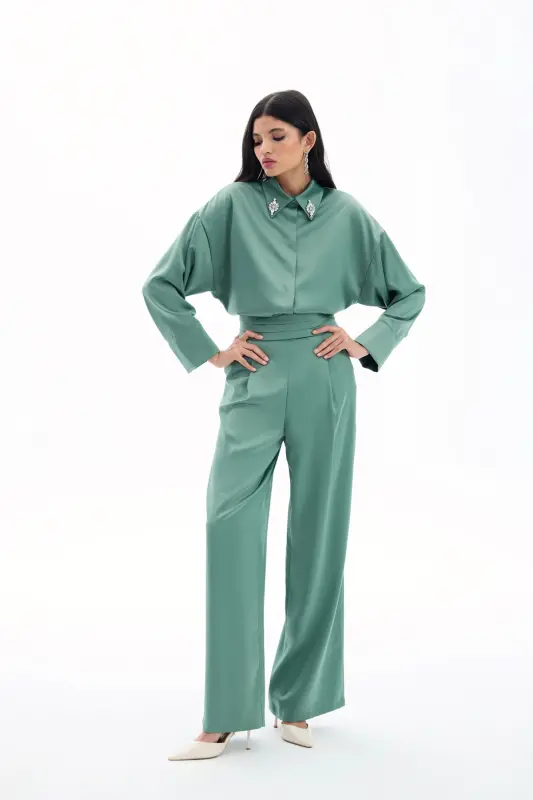 Cepli Salaş Saten Pantolon - Haki - HAKİ - 3