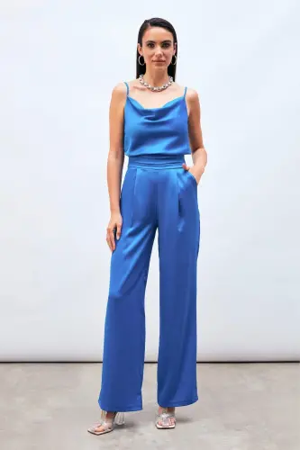 Cepli Salaş Saten Pantolon - İndigo-İndigo - 1