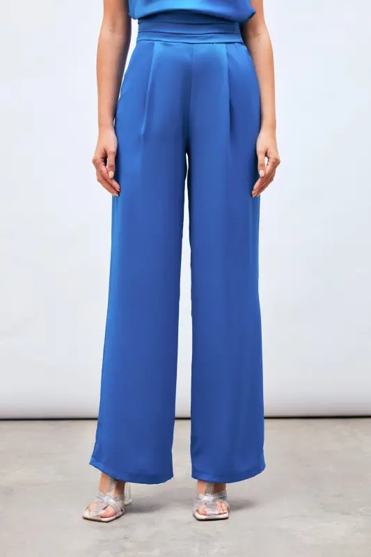 Cepli Salaş Saten Pantolon - İndigo-İndigo - 3