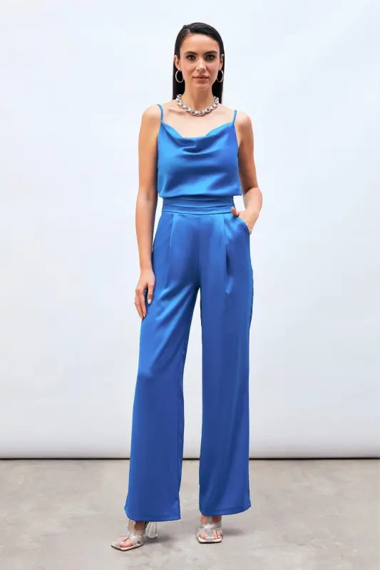 Cepli Salaş Saten Pantolon - İndigo-İndigo - 1