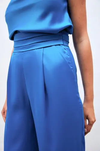 Cepli Salaş Saten Pantolon - İndigo-İndigo - 4