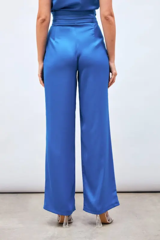 Cepli Salaş Saten Pantolon - İndigo-İndigo - 5