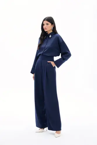 Cepli Salaş Saten Pantolon - LACİVERT-LACİVERT - 2