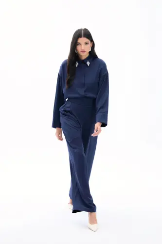 Cepli Salaş Saten Pantolon - LACİVERT-LACİVERT - 3