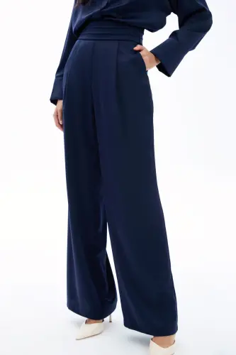 Cepli Salaş Saten Pantolon - LACİVERT-LACİVERT - 5