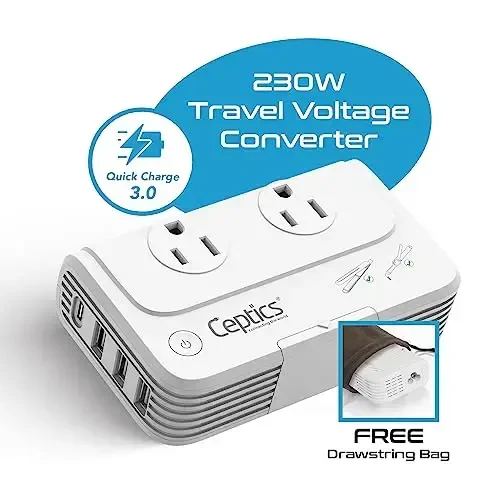 Ceptics 200 W Voltage Converter, Convert 220 V to 110V for Devices Like Curling Iron, Straightener, Chargers, Step Down World Power Plug - 4 USB PD 18W Fast Charging - EU/AU/UK/US Included - 2