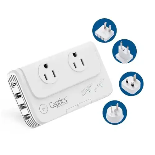 Ceptics 200 W Voltage Converter, Convert 220 V to 110V for Devices Like Curling Iron, Straightener, Chargers, Step Down World Power Plug - 4 USB PD 18W Fast Charging - EU/AU/UK/US Included - CEPTICS