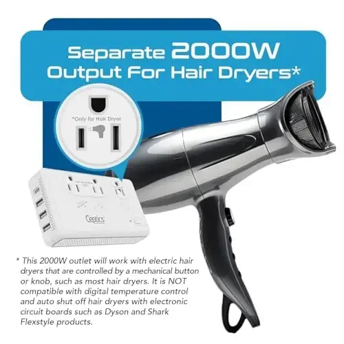Ceptics 2000W Travel Voltage Converter for Hair Dryer & 200W Convert 220V to 110V for Curling Iron, Straightener, Chargers, Step Down World Power 4 USB Charging QC 3.0 SWadApt Type A, B, C, E/F, G, I - 6
