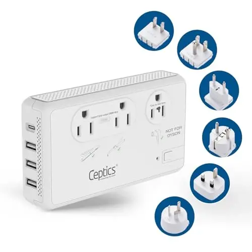 Ceptics 2000W Travel Voltage Converter for Hair Dryer & 200W Convert 220V to 110V for Curling Iron, Straightener, Chargers, Step Down World Power 4 USB Charging QC 3.0 SWadApt Type A, B, C, E/F, G, I - CEPTICS