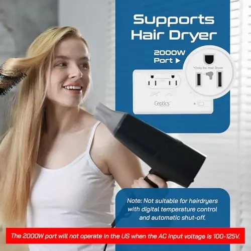 Ceptics 2000W Travel Voltage Converter for Hair Dryer & 200W Convert 220V to 110V for Curling Iron, Straightener, Chargers, Step Down World Power 4 USB Charging QC 3.0 SWadApt Type A, B, C, E/F, G, I - 4