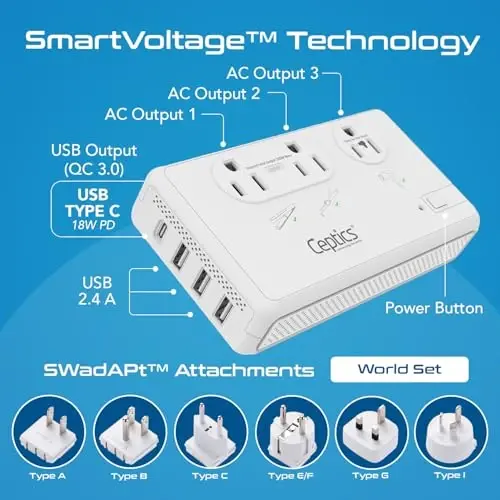 Ceptics 2000W Travel Voltage Converter for Hair Dryer & 200W Convert 220V to 110V for Curling Iron, Straightener, Chargers, Step Down World Power 4 USB Charging QC 3.0 SWadApt Type A, B, C, E/F, G, I - CEPTICS (1)
