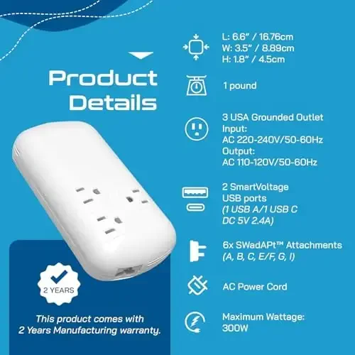 Ceptics 300W Travel Voltage Converter, 220V to 110V 50Hz to 60Hz Step Down for Curling Iron, Straightener, 1 USB, 1-USB-C 18W, SWadApt A B C E/F G I - 5