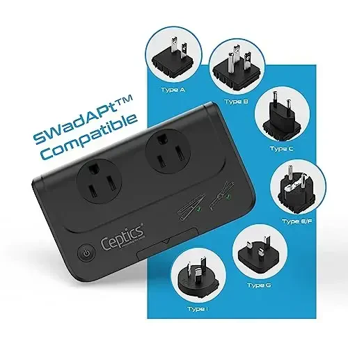 Ceptics - 6 in 1 Travel Adapter and Voltage Converter, 220V to 110V Converter with Surge Protection, Universal Adapter with Types A, C, G, I attachments & 4 USB PD 18W Fast Charging - Black - 2