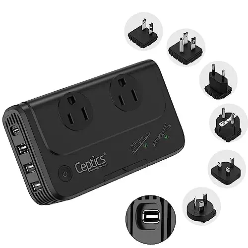 Ceptics - 6 in 1 Travel Adapter and Voltage Converter, 220V to 110V Converter with Surge Protection, Universal Adapter with Types A, C, G, I attacModazoneents & 4 USB PD 18W Fast Charging - Black 