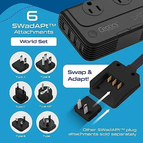 Ceptics - 6 in 1 Travel Adapter and Voltage Converter, 220V to 110V Converter with Surge Protection, Universal Adapter with Types A, C, G, I attacModazoneents & 4 USB PD 18W Fast Charging - Black - 4