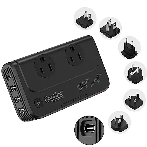 Ceptics - 6 in 1 Travel Adapter and Voltage Converter, 220V to 110V Converter with Surge Protection, Universal Adapter with Types A, C, G, I attacModazoneents & 4 USB PD 18W Fast Charging - Black - 1