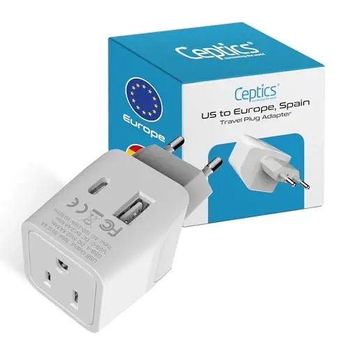 Ceptics European Travel Plug Adapter - USB-A & C, Type C Adapter for Turkey, Egypt, Iceland - USA Input - Ideal for Phones, Chargers, Cameras & More - 1