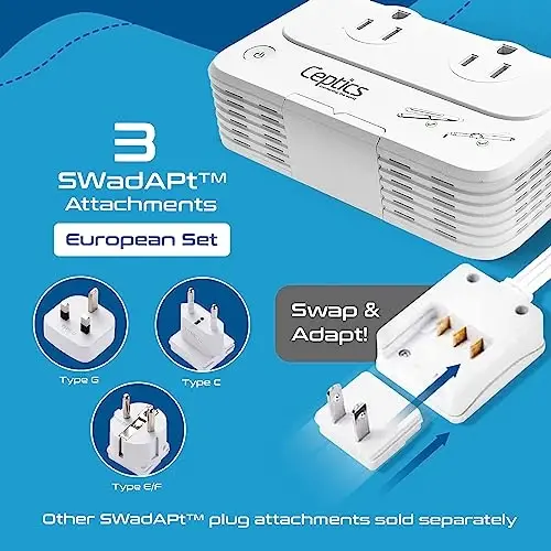Ceptics European Travel Voltage Converter, 200W Adapter for Curling Iron, Straightener, Charger, Step Down World Power Plug - 4 USB PD 18W Fast Charging - SWadApt Compatible - Type C, E/F, G Included - 3