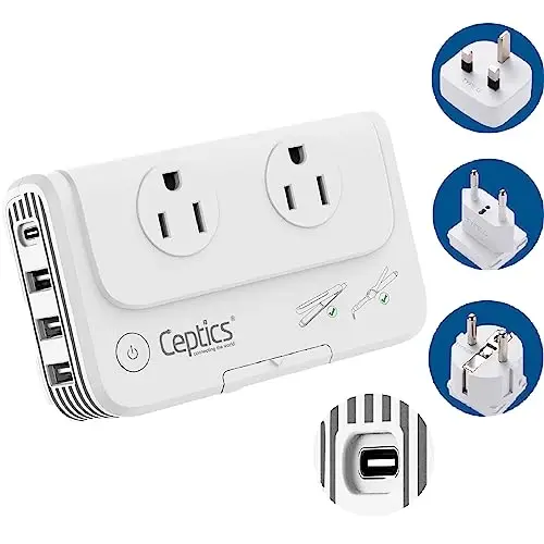 Ceptics European Travel Voltage Converter, 200W Adapter for Curling Iron, Straightener, Charger, Step Down World Power Plug - 4 USB PD 18W Fast Charging - SWadApt Compatible - Type C, E/F, G Included - 2