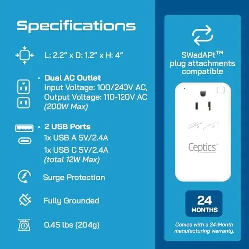 Ceptics Step Down Voltage Converter US to Europe - 200W Convert 220V to 110V for Curling Iron, Straightener, Charger – USB-A & C Fast Charging – SwadApt Type A, B, C, E/F, G, I Included - 4