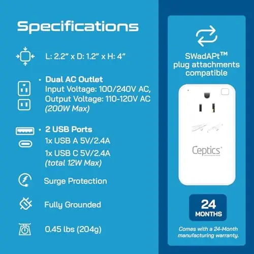 Ceptics Step Down Voltage Converter US to Europe - 200W Convert 220V to 110V for Curling Iron, Straightener, Charger – USB-A & C Fast Charging – SwadApt Type A, B, C, E/F, G, I Included - 4