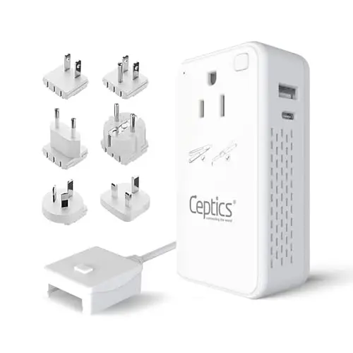Ceptics Step Down Voltage Converter US to Europe - 200W Convert 220V to 110V for Curling Iron, Straightener, Charger – USB-A & C Fast Charging – SwadApt Type A, B, C, E/F, G, I Included - CEPTICS