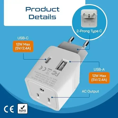Ceptics European Travel Plug Adapter - USB-A & C, Type C Adapter for Turkey, Egypt, Iceland - USA Input - Ideal for Phones, Chargers, Cameras & More - 4