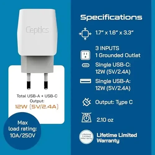 Ceptics European Travel Plug Adapter - USB-A & C, Type C Adapter for Turkey, Egypt, Iceland - USA Input - Ideal for Phones, Chargers, Cameras & More - 5