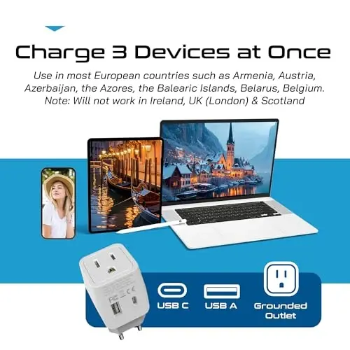 Ceptics European Travel Plug Adapter - USB-A & C, Type C Adapter for Turkey, Egypt, Iceland - USA Input - Ideal for Phones, Chargers, Cameras & More - 3
