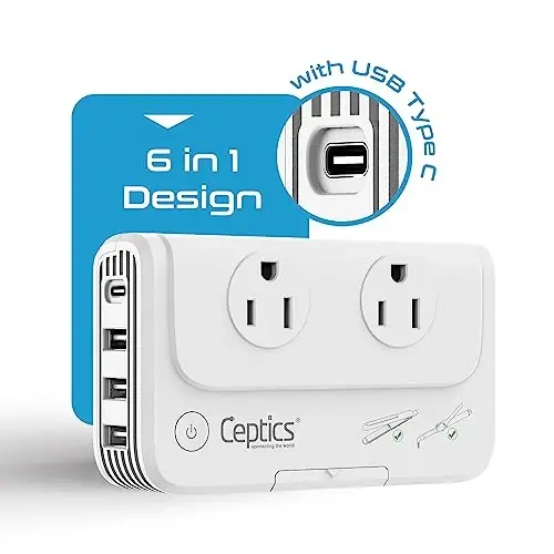 Ceptics European Travel Voltage Converter, 200W Adapter for Curling Iron, Straightener, Charger, Step Down World Power Plug - 4 USB PD 18W Fast Charging - SWadApt Compatible - Type C, E/F, G Included 
