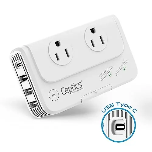 Ceptics Egypt, Dubai, Jordan Voltage Converter, Convert 220V to 110V for Devices Like Curling Iron Straightener Chargers 4 USB PD 18W Fast Charging Type H, C, G - 2
