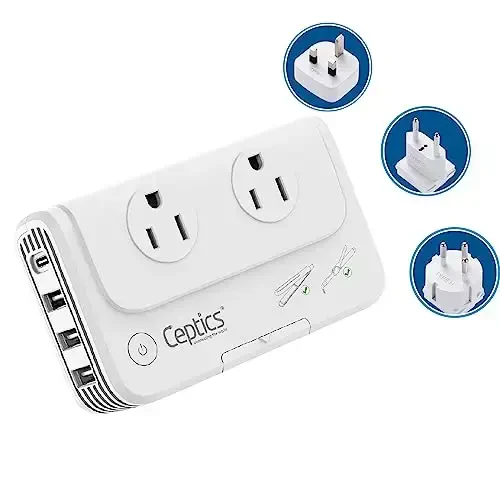 Ceptics Egypt, Dubai, Jordan Voltage Converter, Convert 220V to 110V for Devices Like Curling Iron Straightener Chargers 4 USB PD 18W Fast Charging Type H, C, G - 1