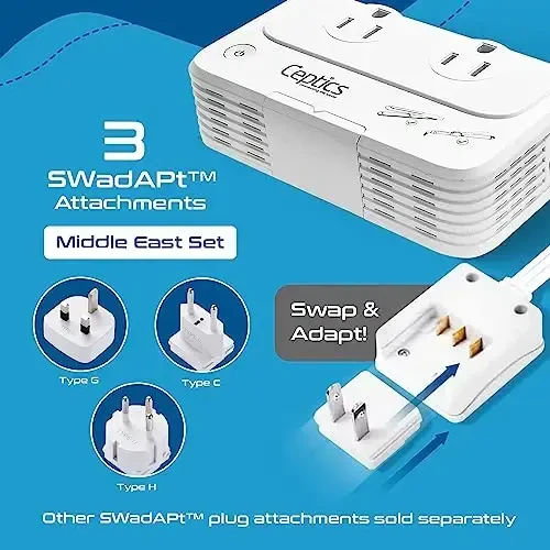 Ceptics Egypt, Dubai, Jordan Voltage Converter, Convert 220V to 110V for Devices Like Curling Iron Straightener Chargers 4 USB PD 18W Fast Charging Type H, C, G - 3